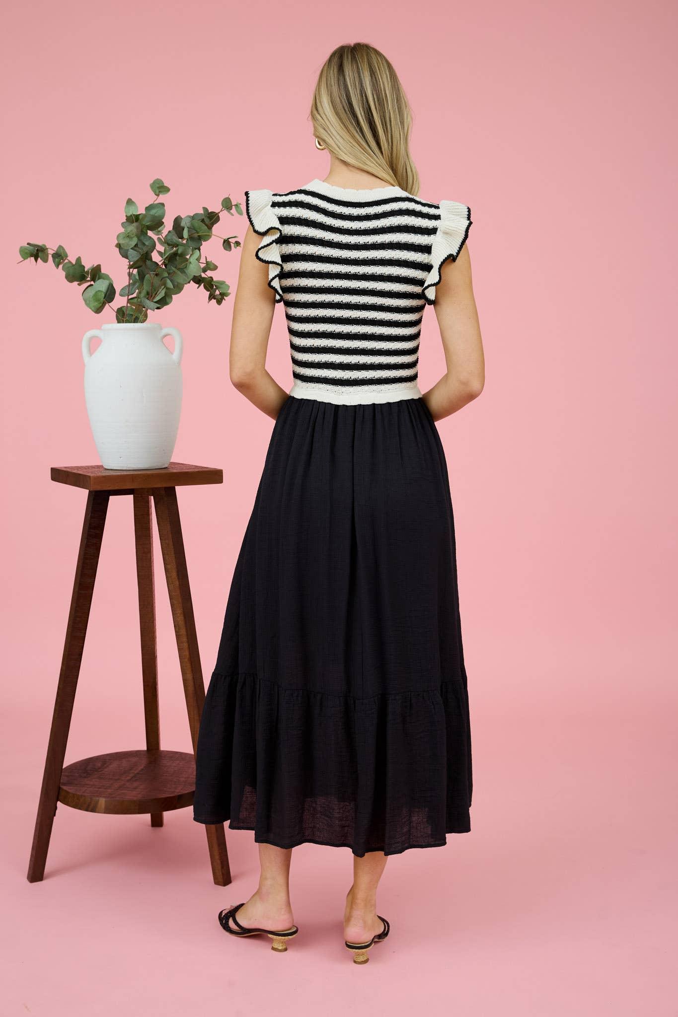 STRIPE SWEATER TOP MIXED MEDIA MIDI DRESS: NAVY Product Image