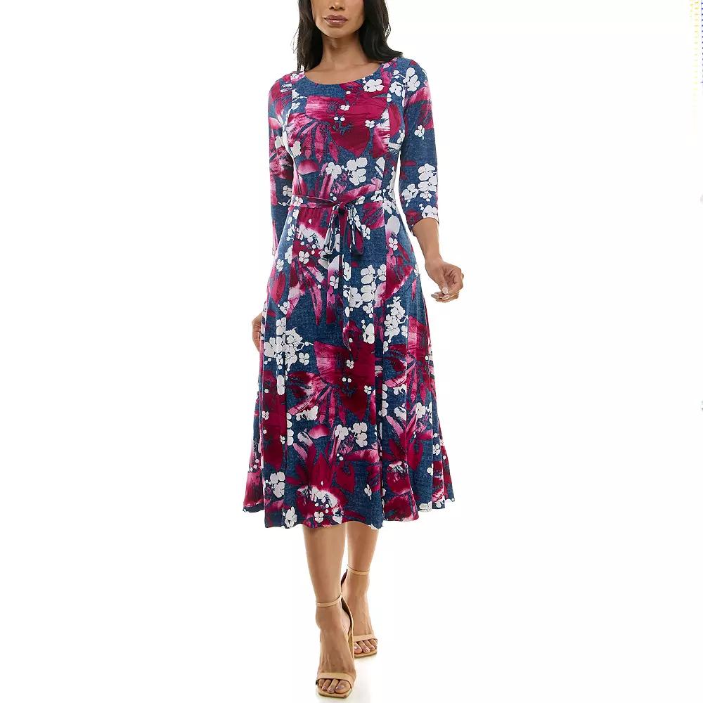 Women's Nina Leonard Belted 3/4 Sleeve Print Midi Dress, Size: Small, Blue Blue Ivory Product Image