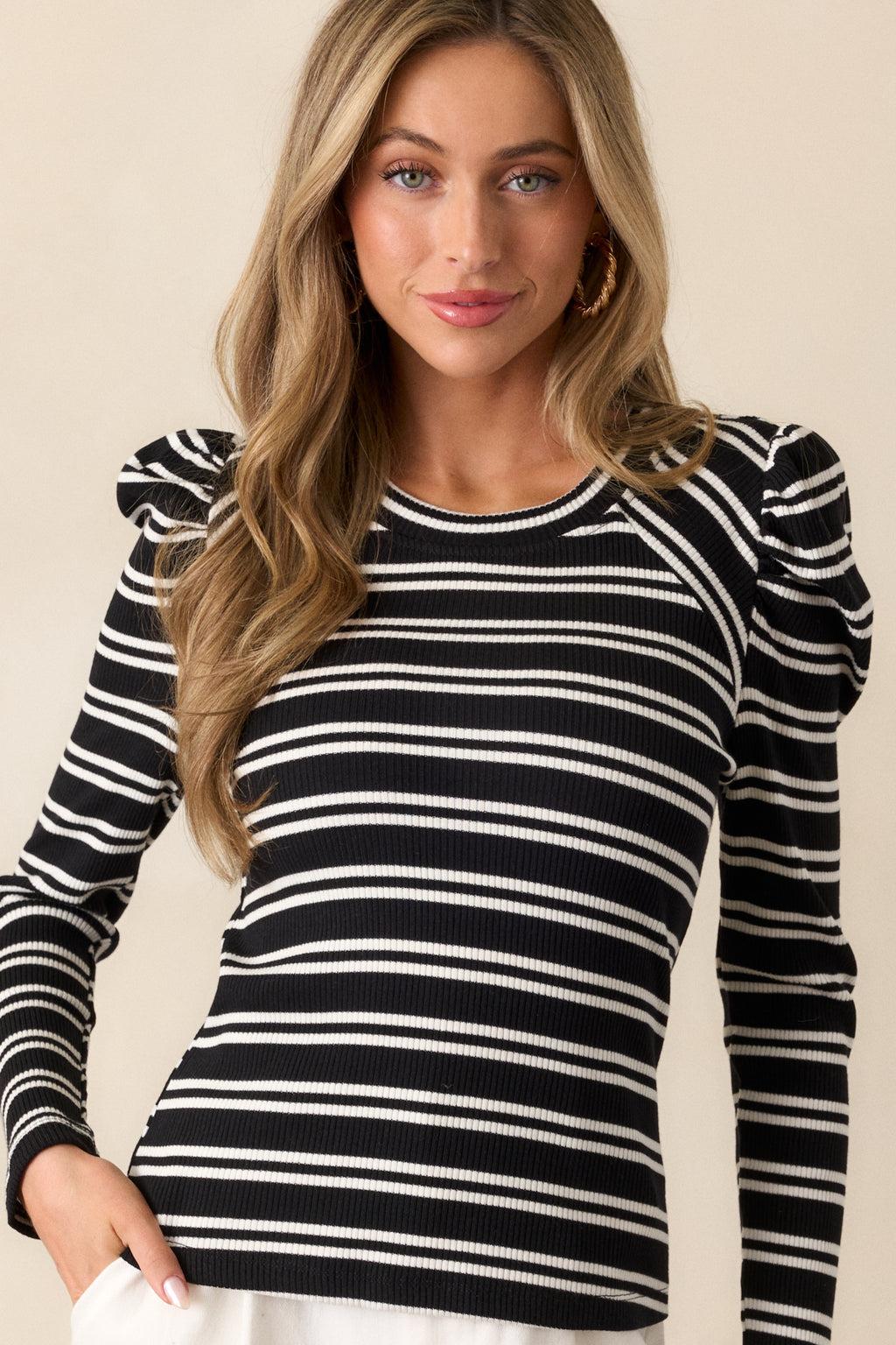 Just As You Are Black Stripe Ribbed Long Sleeve Top Product Image