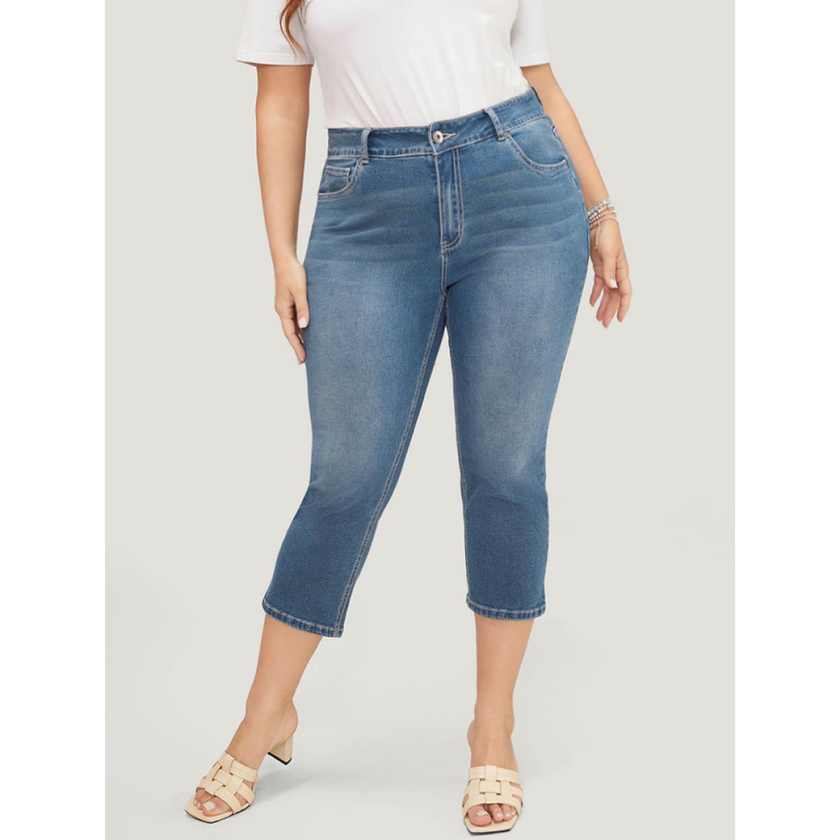Plus Size Skinny Very Stretchy High Rise Medium Wash Cropped Jeans Women Indigo Casual Plain High stretch Side seam pocket Jeans BloomChic 20/2X Product Image
