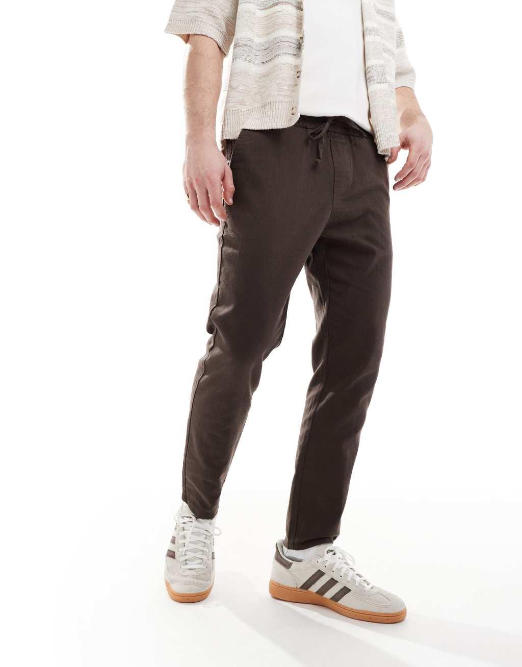 ONLY & SONS linen mix cropped pants in brown Product Image