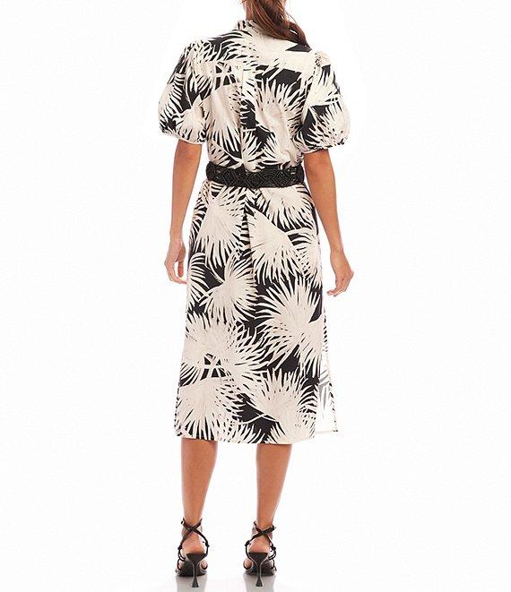 Karen Kane Tropical Palm Print Puff Sleeve Midi Shirt Dress Product Image