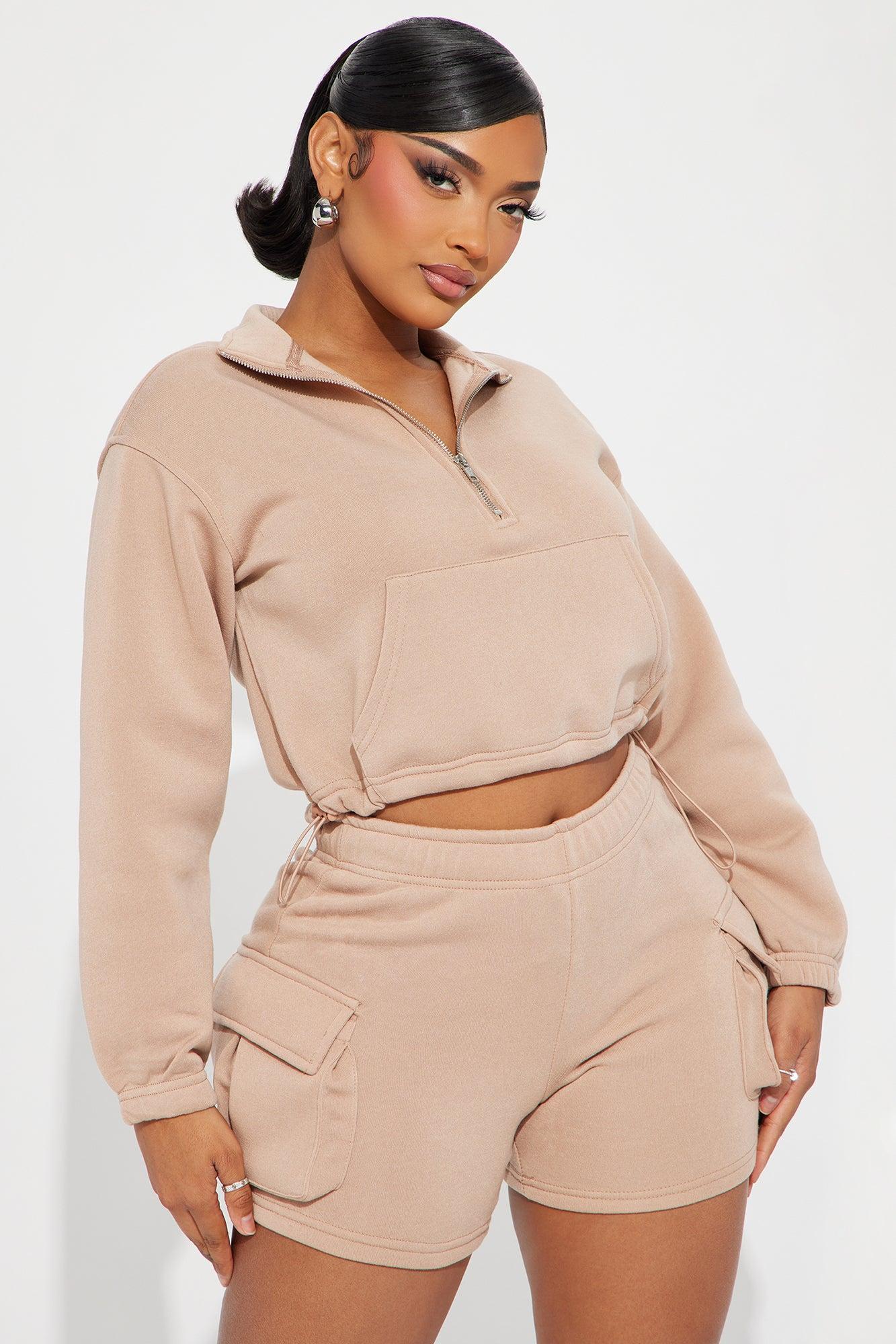 Carrie Fleece Cargo Short Set - Taupe Product Image