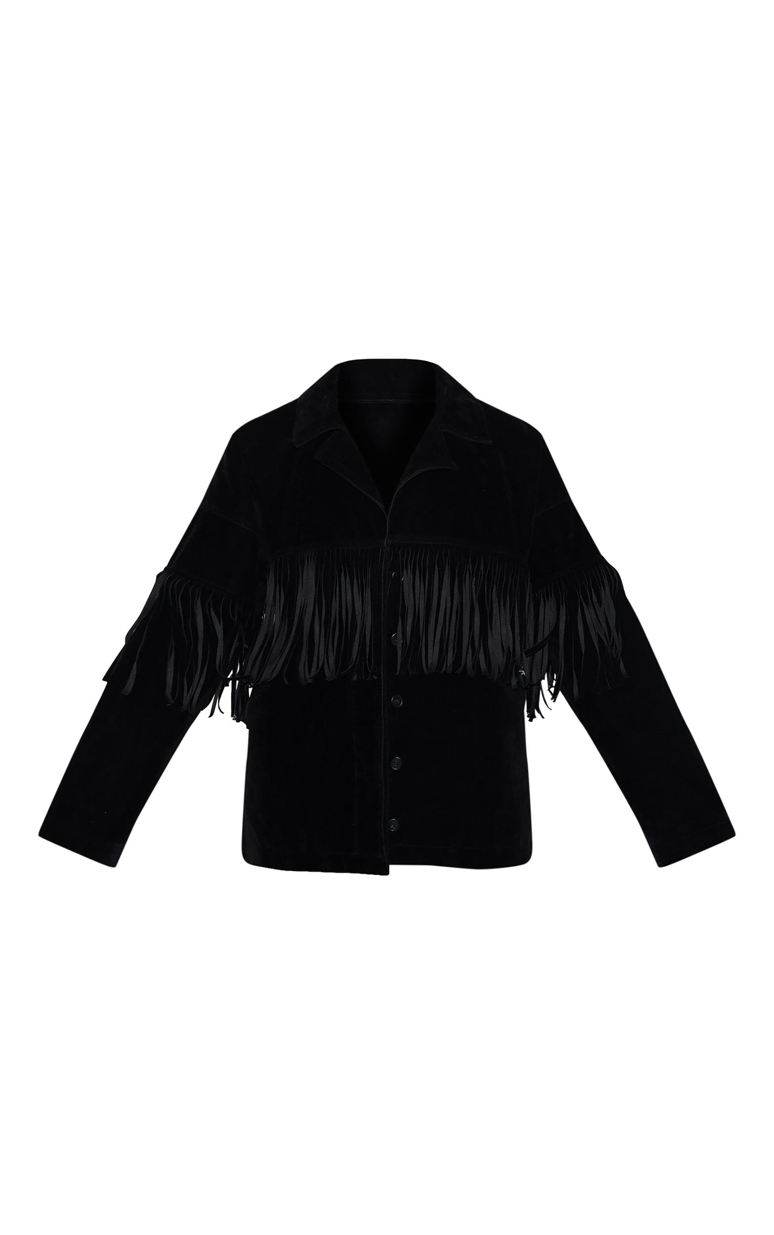 Black Faux Suede Heavy Fringed Jacket Product Image