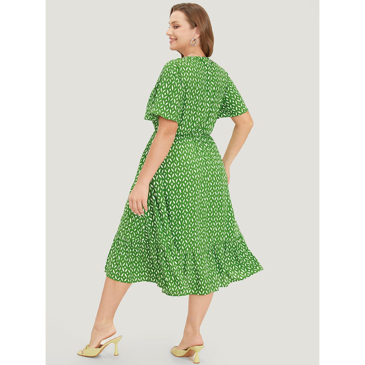 Plus Size Geometric Print Split Knot Reffles Elastic Waist Dress Green Women Elegant Knotted V-neck Short sleeve Curvy Midi Dress BloomChic 12/L Product Image