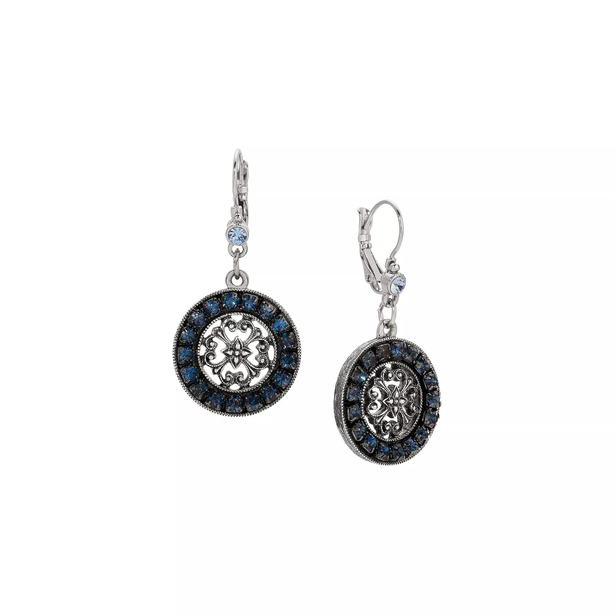 1928 Pewter Blue Crystal Round Drop Leverback Earrings, Women's Product Image
