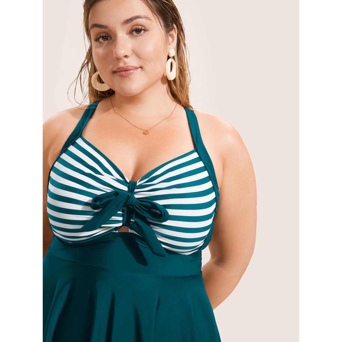 Plus Size Stripes Patchwork Tie Knot Cross Straps Swim Dress Women's Swimwear Teal Resort Bodycon Heart neckline High stretch Curve Swim Dresses BloomChic 12/L Product Image