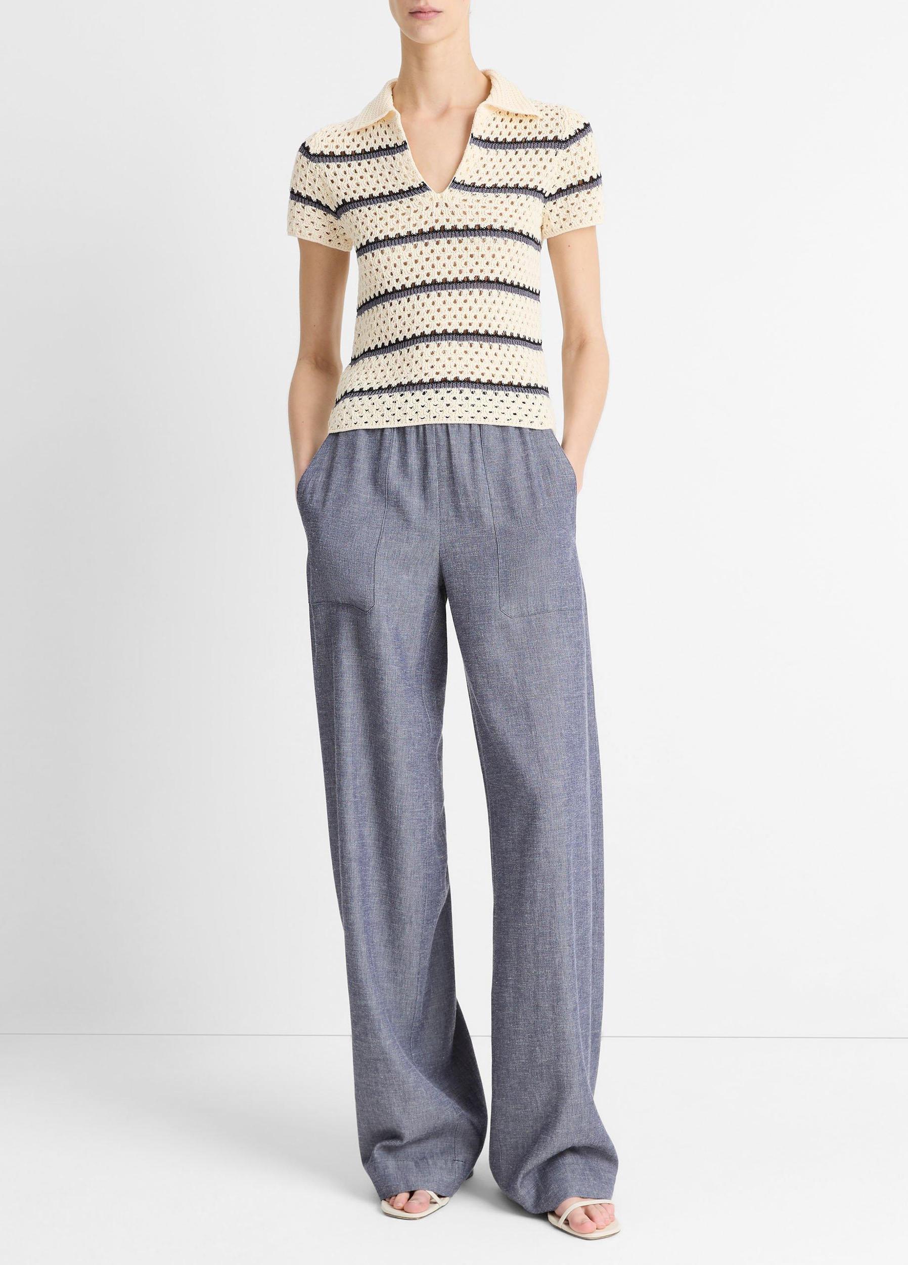 Striped Macramé Cotton Polo Sweater Product Image
