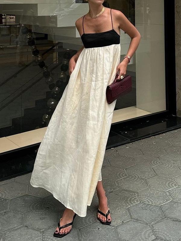 A-Line Loose Contrast Color Pleated Split-Joint Spaghetti-Neck Maxi Dresses Product Image