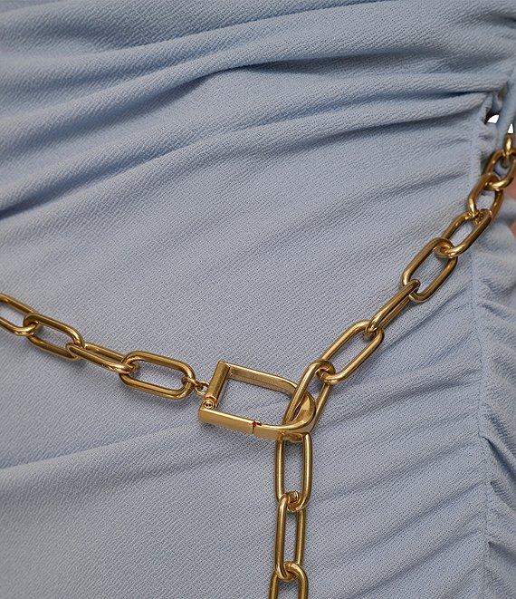 Donna Karan Gold #double;DK#double; Chain Belt Mock Neck Cap Sleeve Ruched Top Product Image