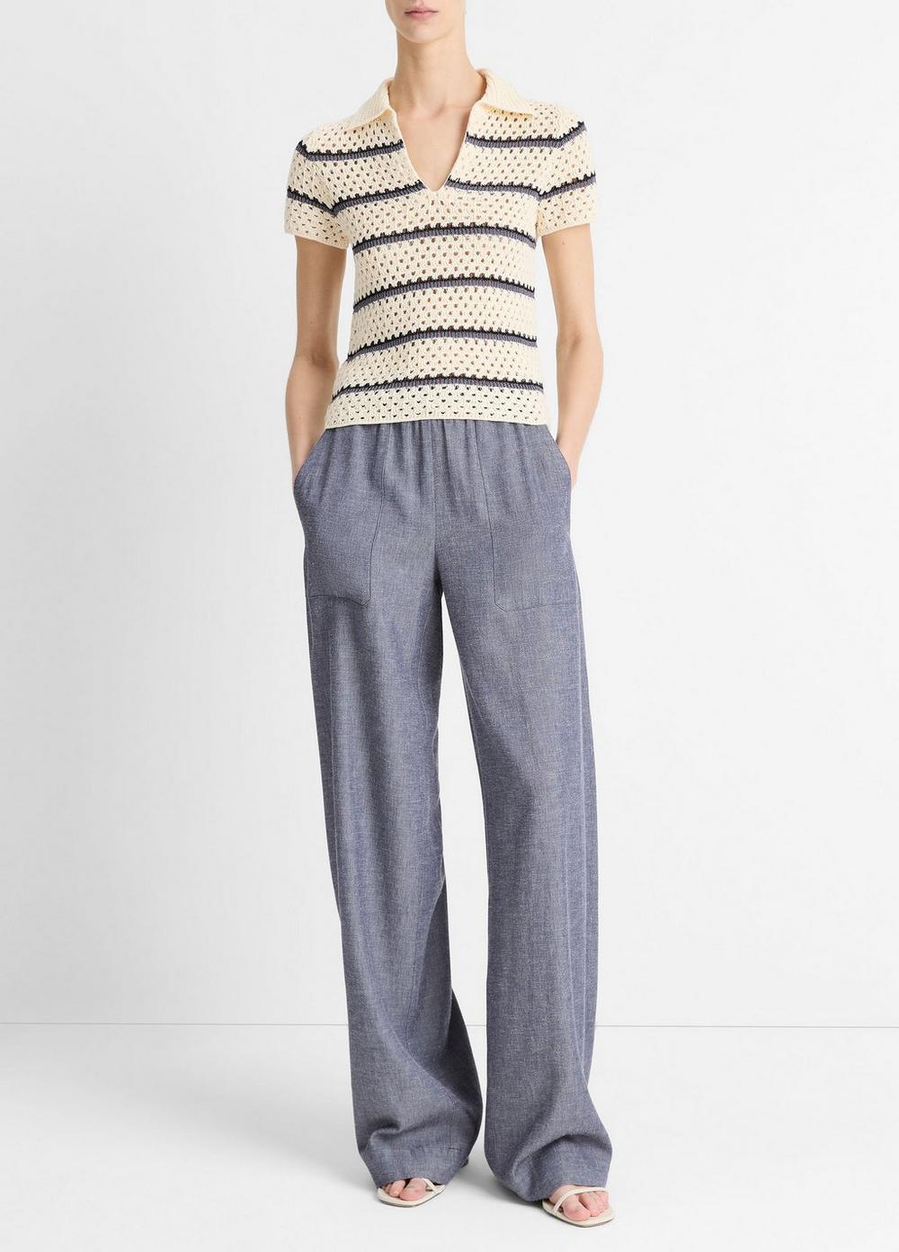 Striped Macramé Cotton Polo Sweater Product Image