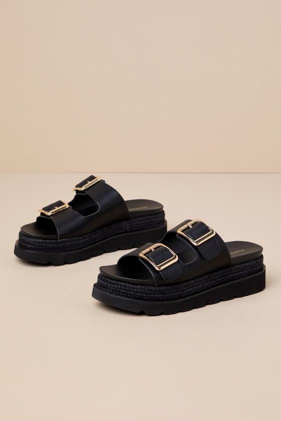 Mythical Black Buckle Raffia Flatform Slide Sandals Product Image