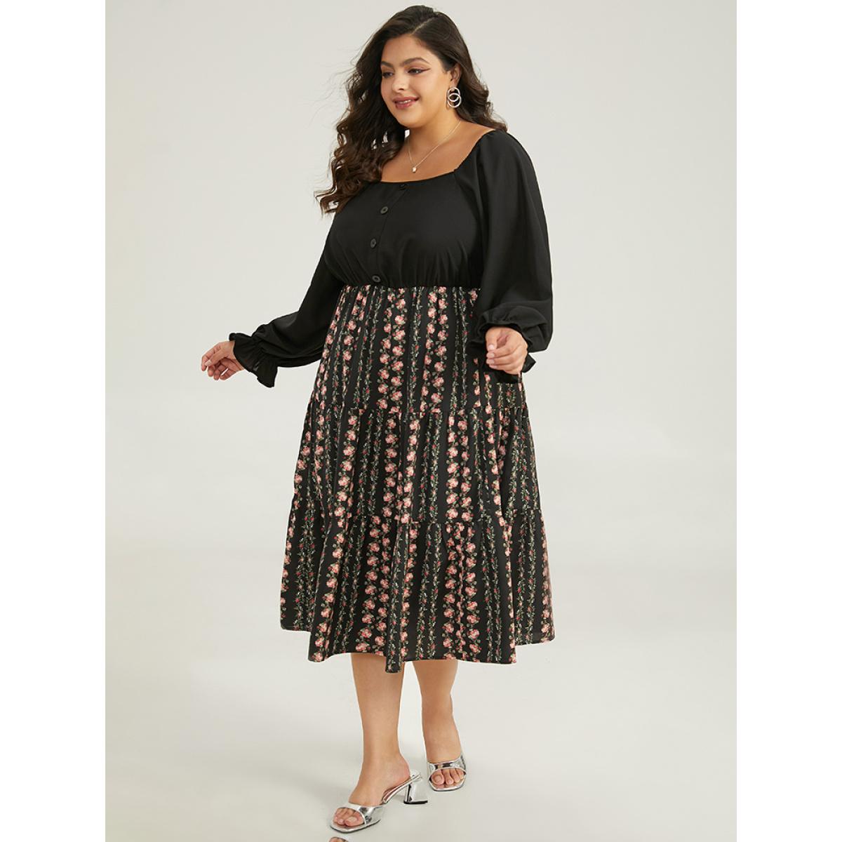 Plus Size Floral Ruffle Layered Hem Square Neck Dress Black Women Office Elastic cuffs Square Neck Long Sleeve Curvy Midi Dress BloomChic 30/6X Product Image