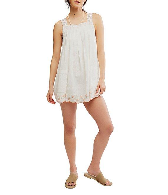 Free People Latecia Square Neck Sleeveless Embroidered Scalloped Hem Mini Babydoll Dress Product Image