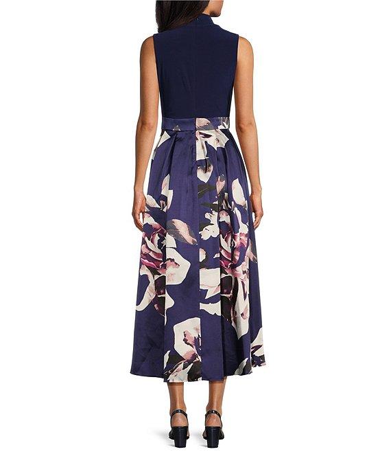 Ignite Evenings Floral Print Mikado Tie Waist V-Neck Sleeveless High-Low Midi Dress Product Image