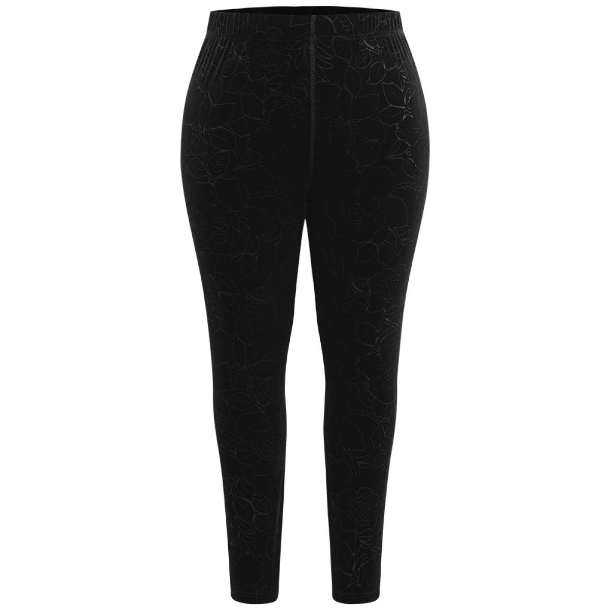 Plus Size Velvet Silhouette Floral Print High Rise Leggings Women Black Elegant High stretch Skinny High Rise Dailywear Leggings BloomChic 26/4X Product Image