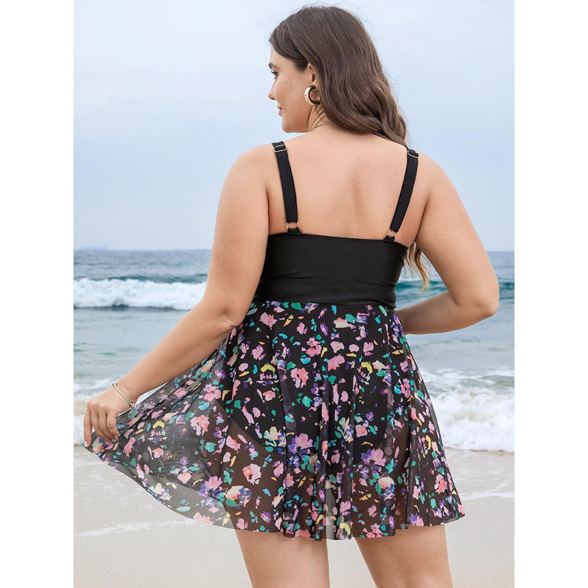 Plus Size Floral Mesh Ruffle Hem Crossover Knot Swim Dress Women's Swimwear BlackFlower Vacation Bodycon Spaghetti Strap High stretch Curve Swim Dresses BloomChic 14-16/1X Product Image