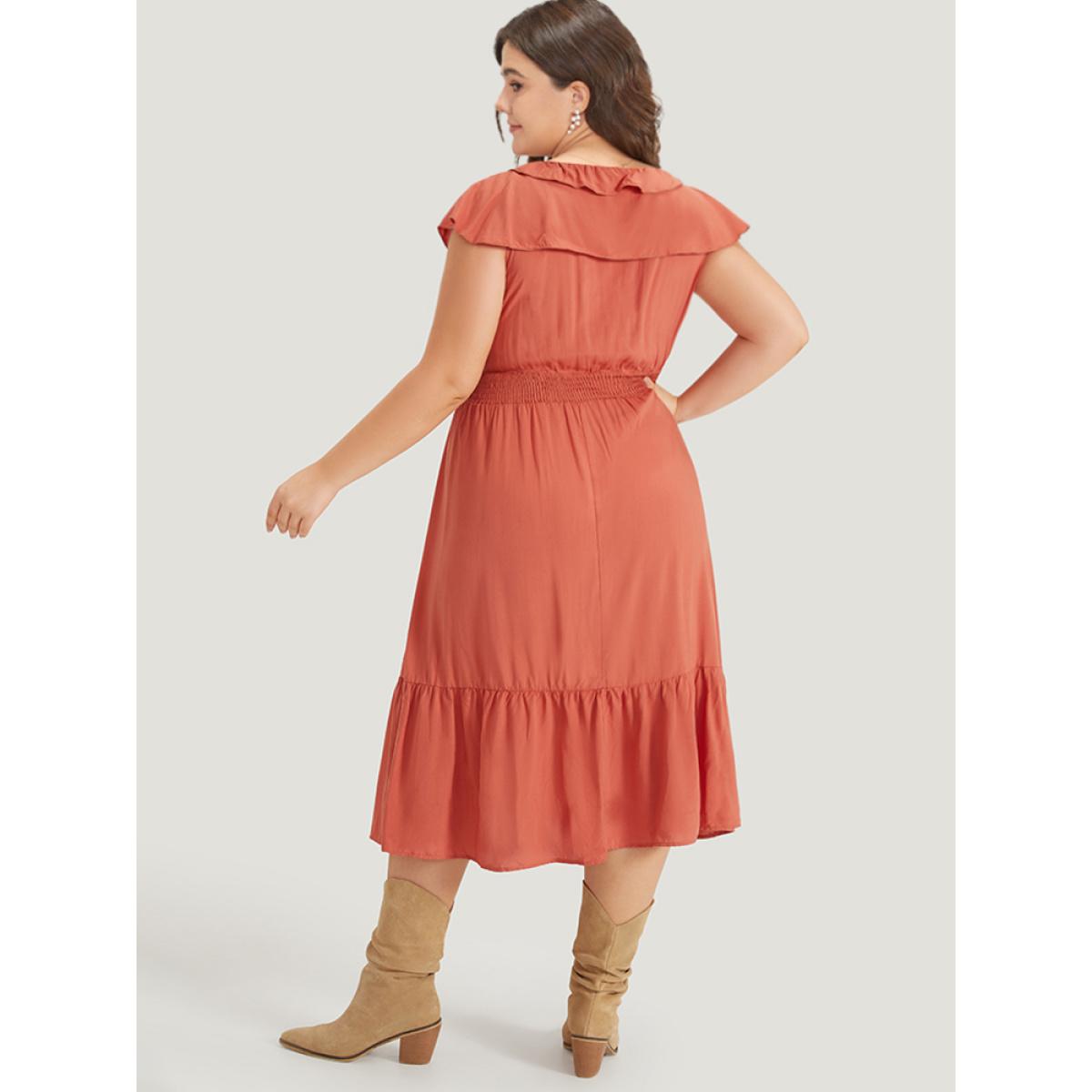 Plus Size Solid Pocket Ruffle Trim Layered Shirred Dress Coral Women Vacation Plain V-neck Sleeveless Curvy Midi Dress BloomChic 30/6X Product Image