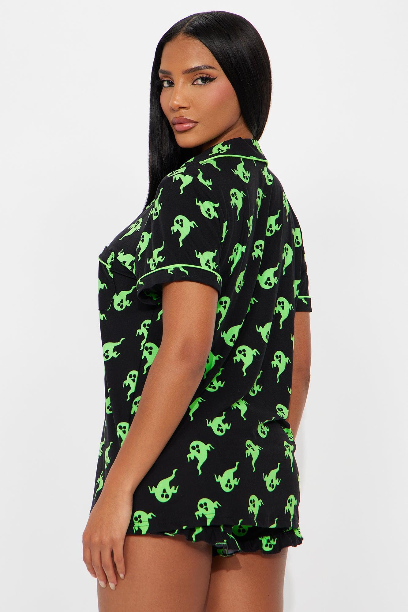 Ghosting You Short Sleeve Halloween PJ Short Set - Black/Green Female Product Image