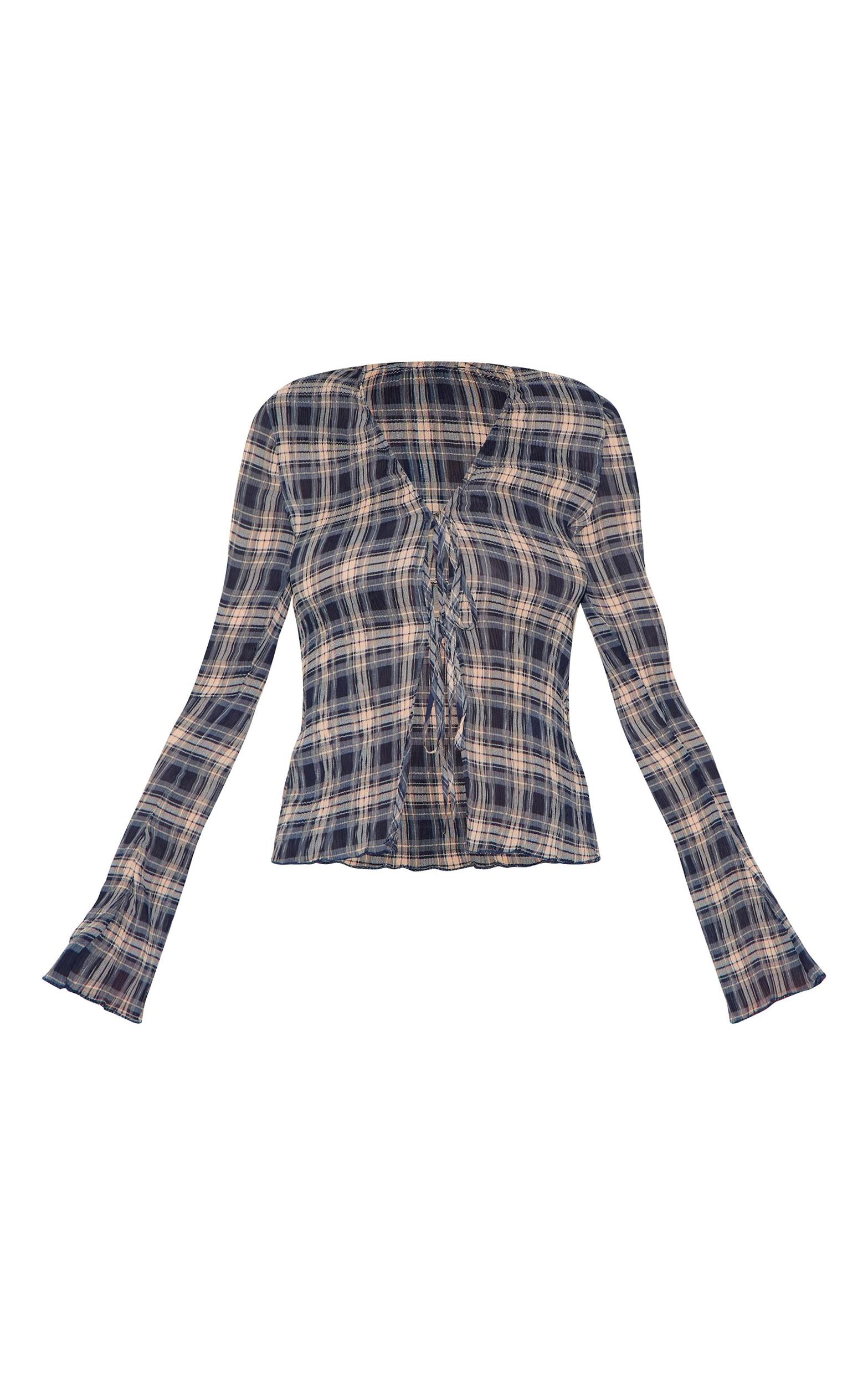 Blue Plisse Check Printed Blouse Product Image