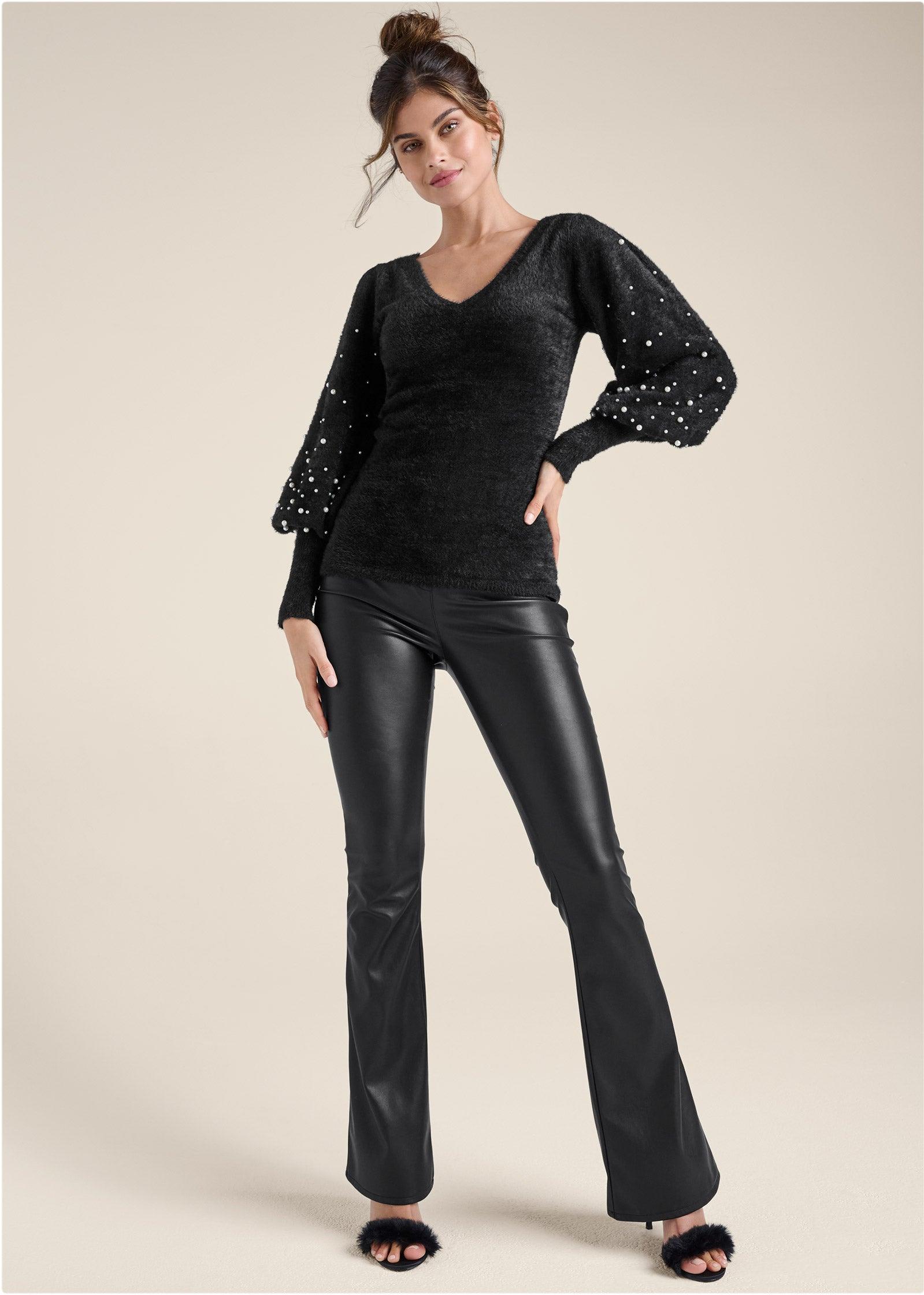 Cozy Bubble Sleeve Sweaters With Pearls - Black Product Image