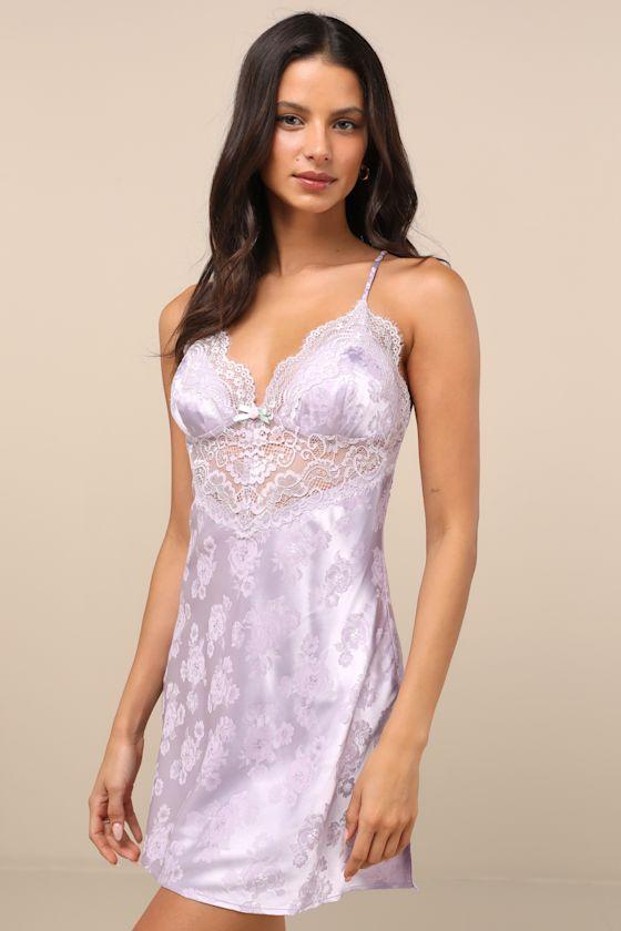 Aliona Lilac Satin Jacquard Lace Lingerie Slip Product Image