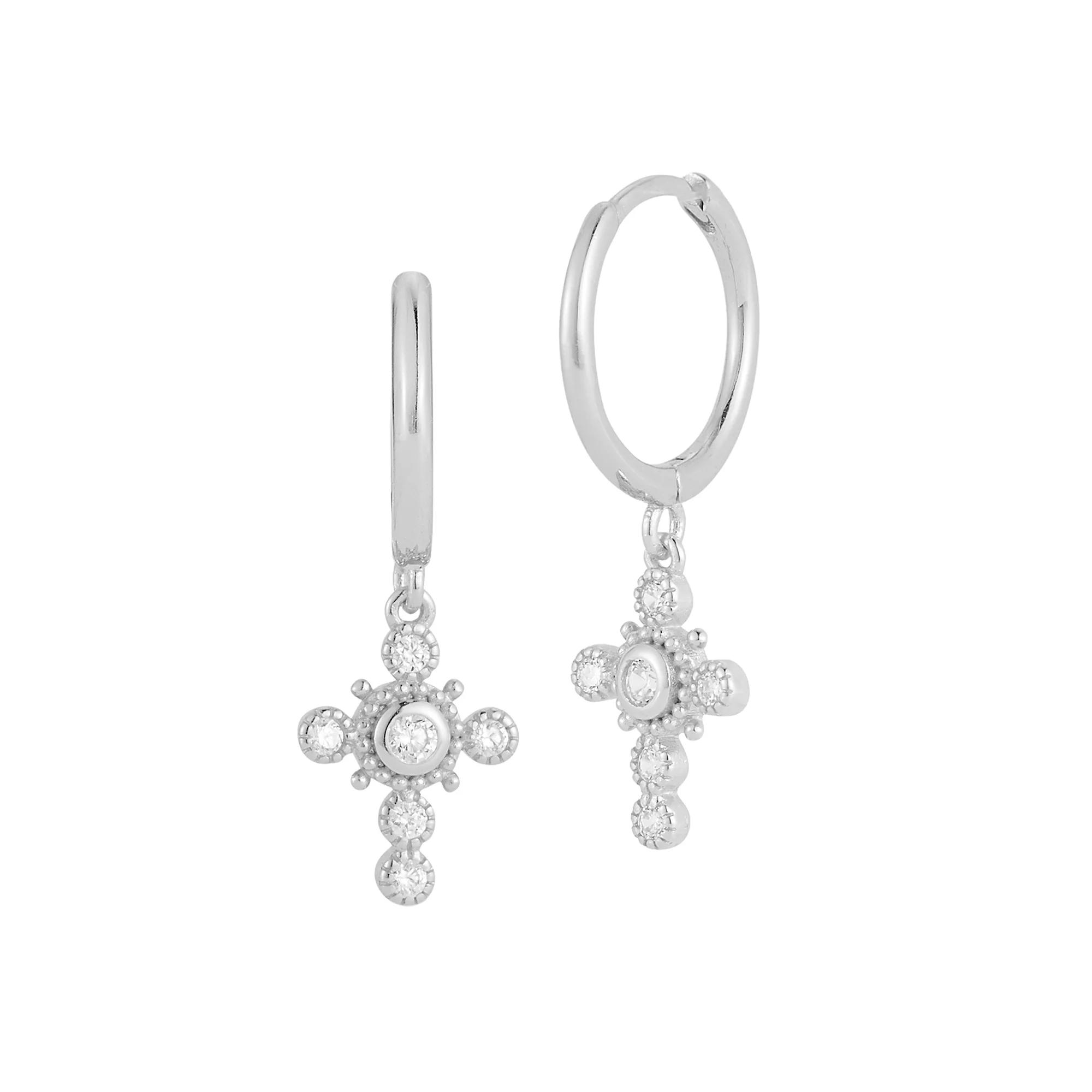 Sunkissed Sterling Cubic Zirconia Cross Charm Huggie Hoop Earrings, Women's, Silver Tone Product Image