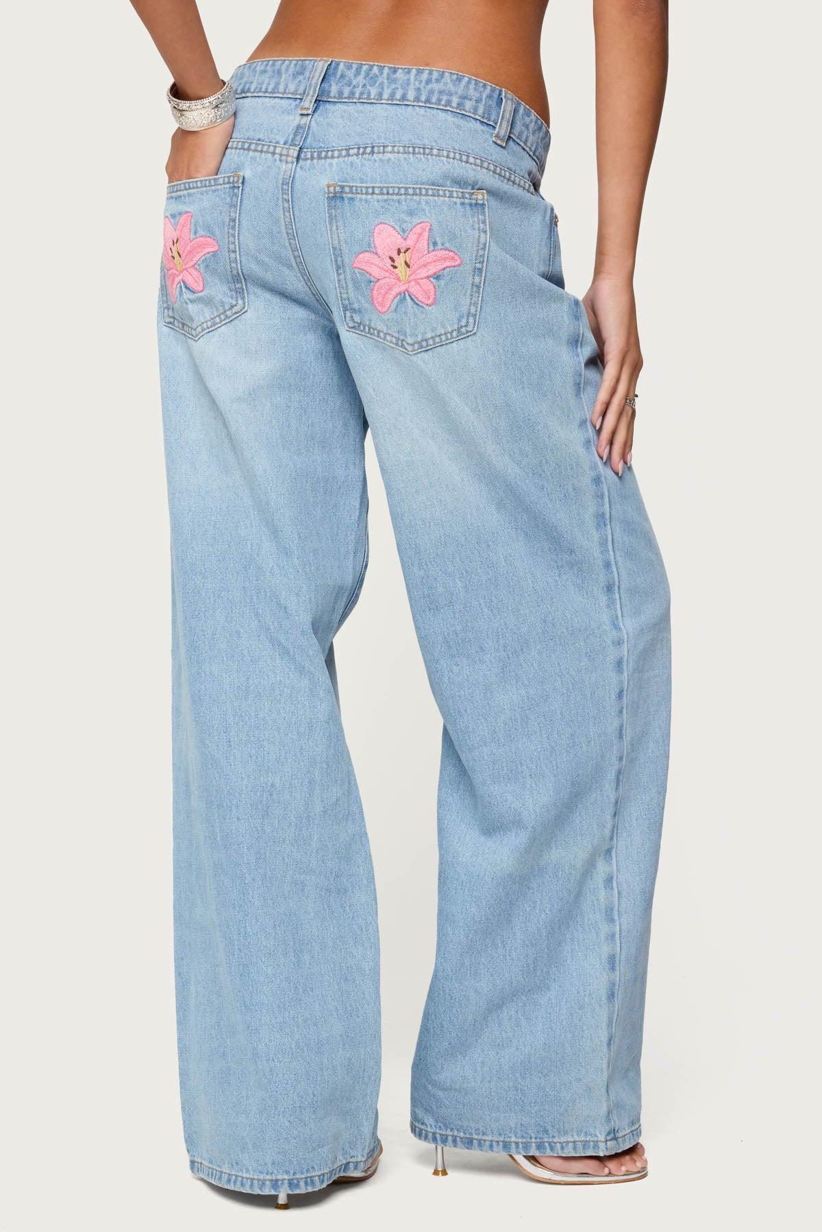 Mirra Embroidered Flower Low Rise Baggy Jeans Product Image
