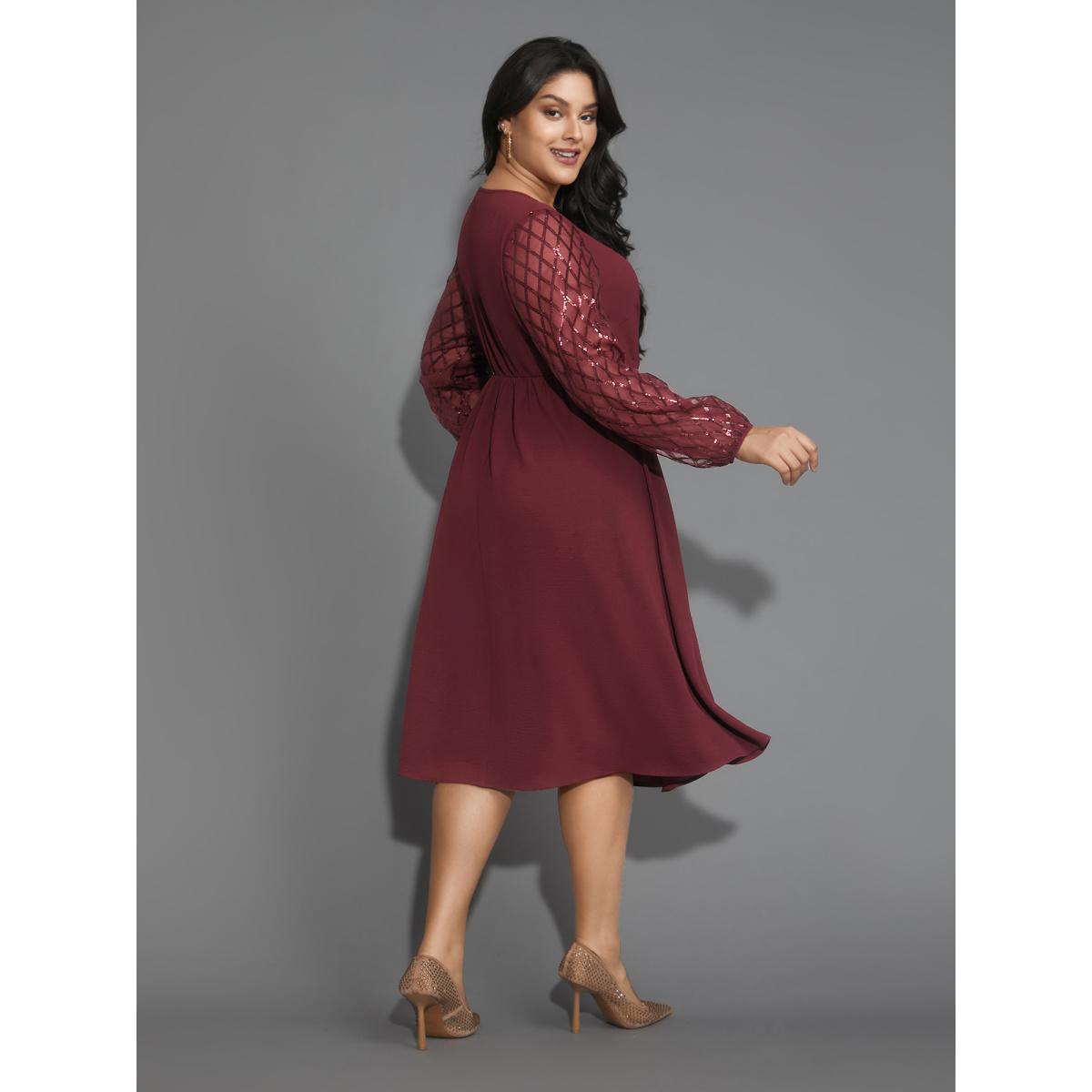 Plus Size Texture Sequin Mesh Patchwork Belted Dress Burgundy Women Party&Cocktail Texture Round Neck Long Sleeve Curvy BloomChic 28/5X Product Image