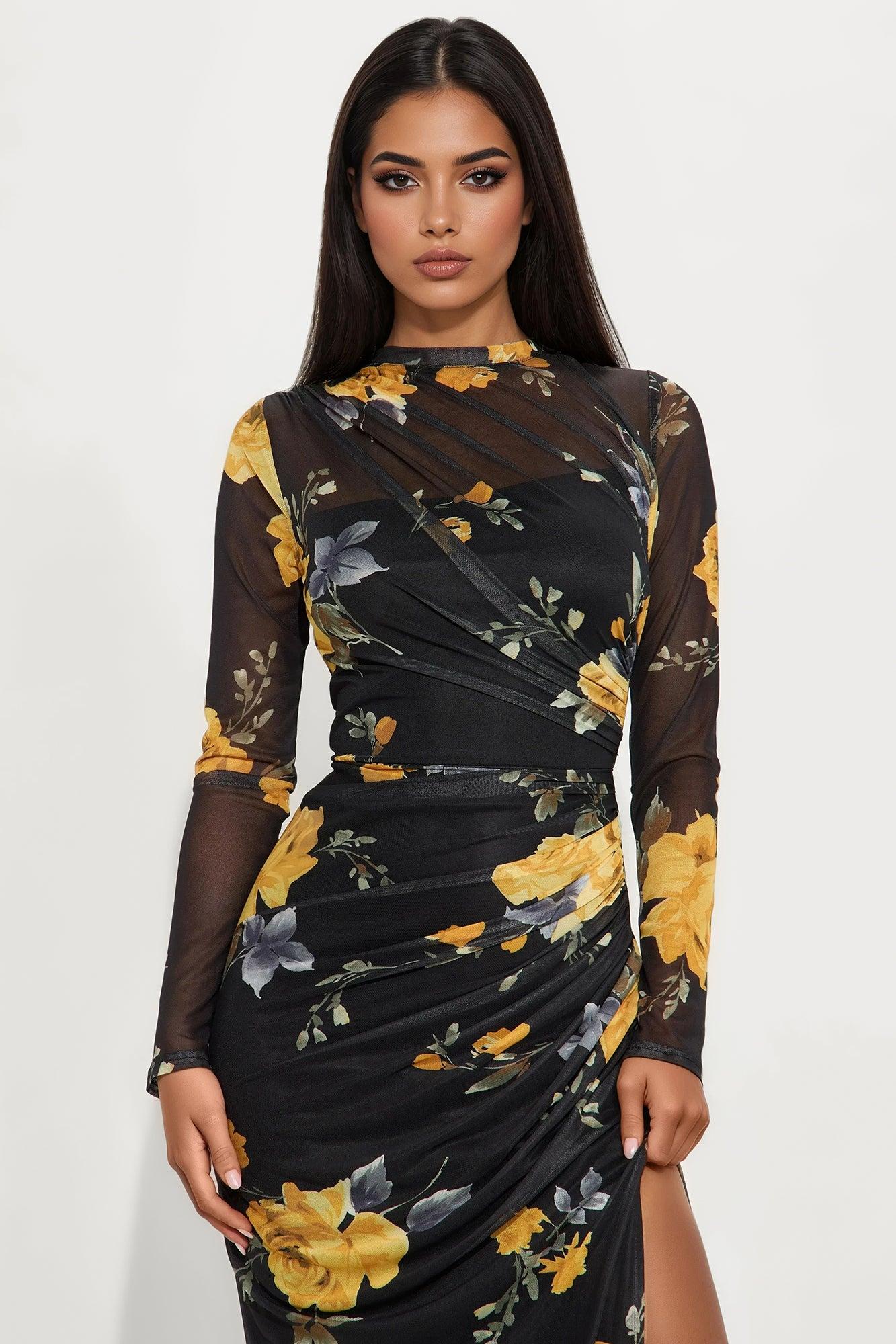 High End Long Sleeve Mesh Maxi Dress - Yellow/combo Female Product Image