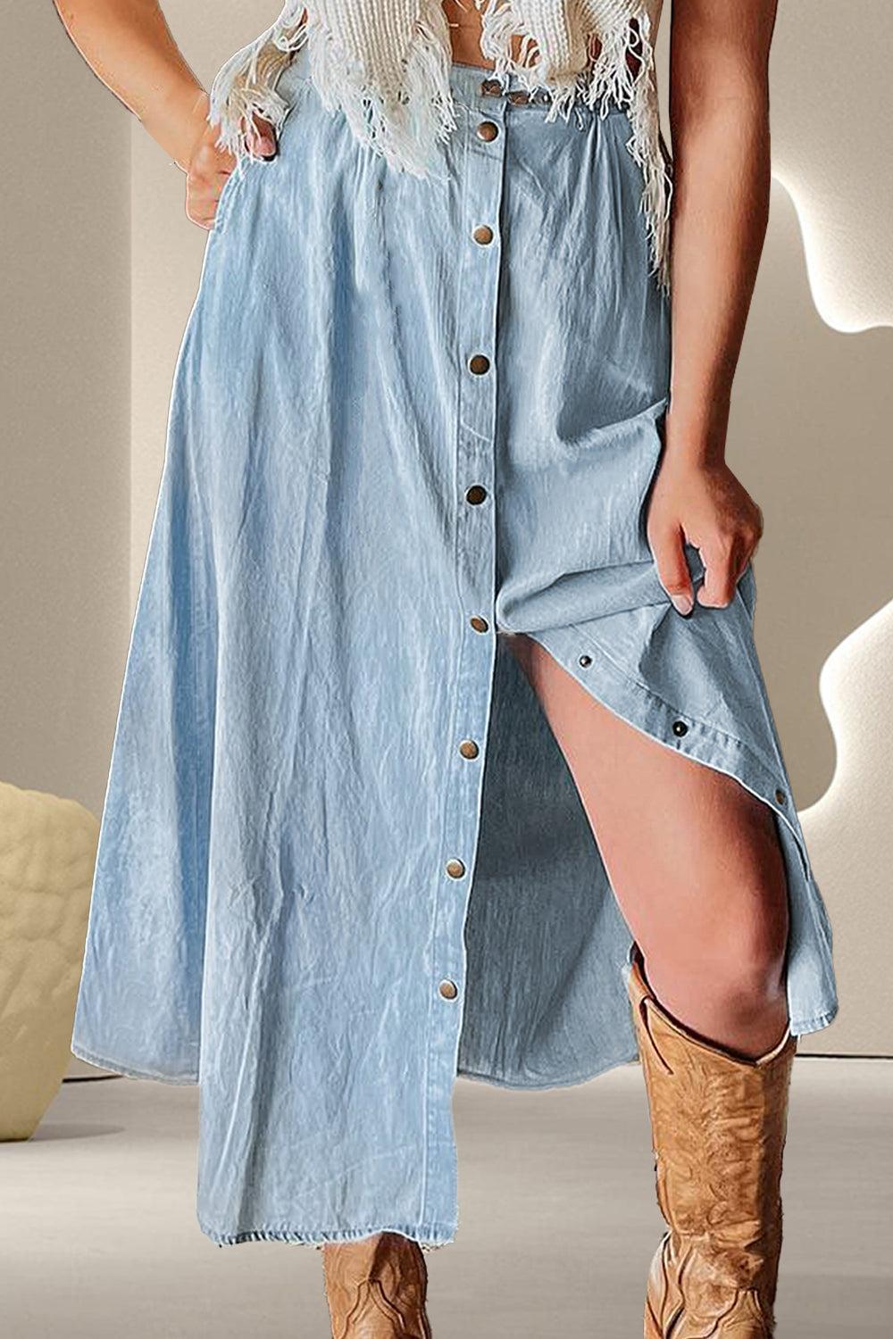 Snap Down High Waist Denim Skirt Product Image