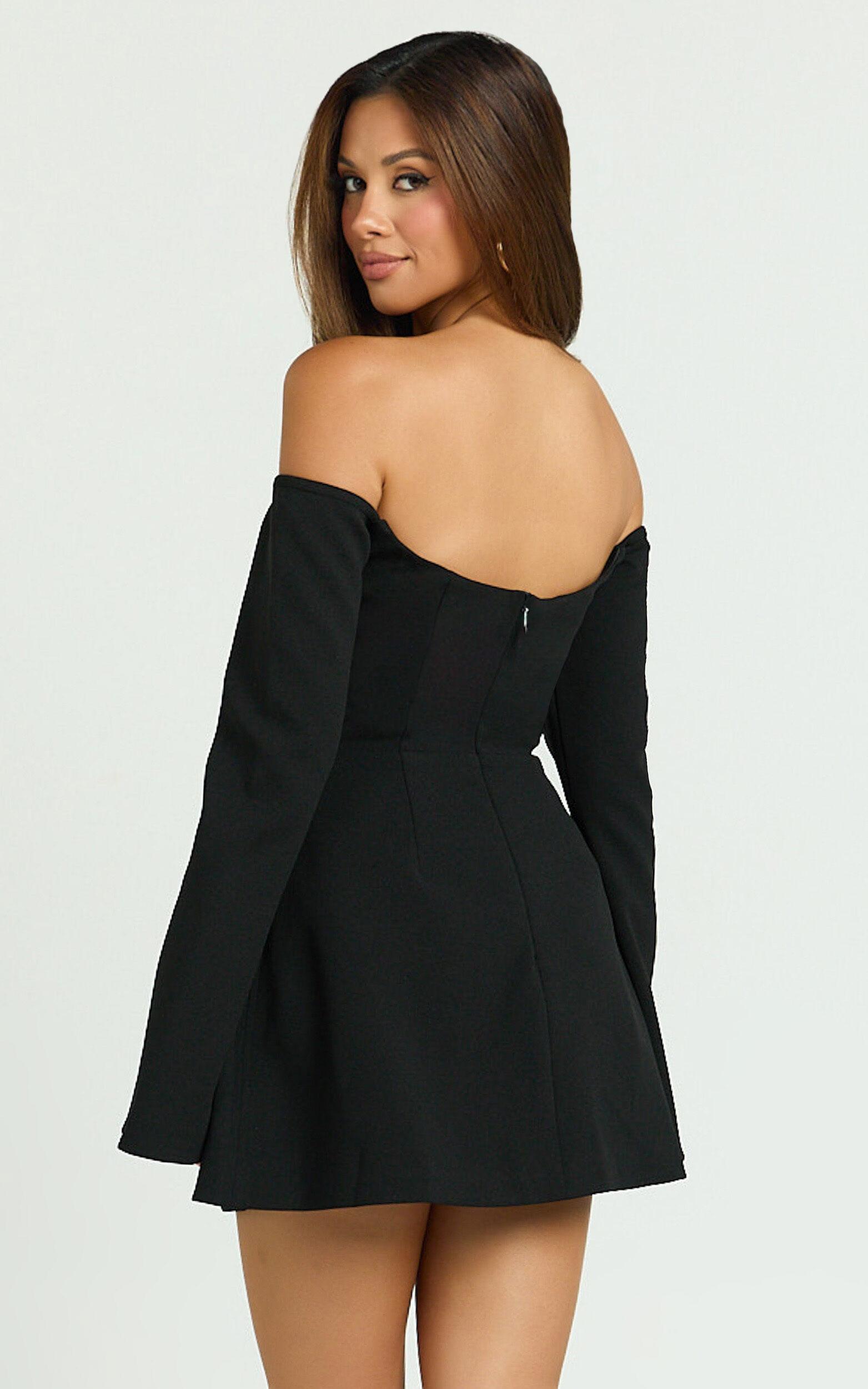 Nettie Mini Dress - Off Shoulder Longsleeve Fit and Flare Dress in Black Product Image
