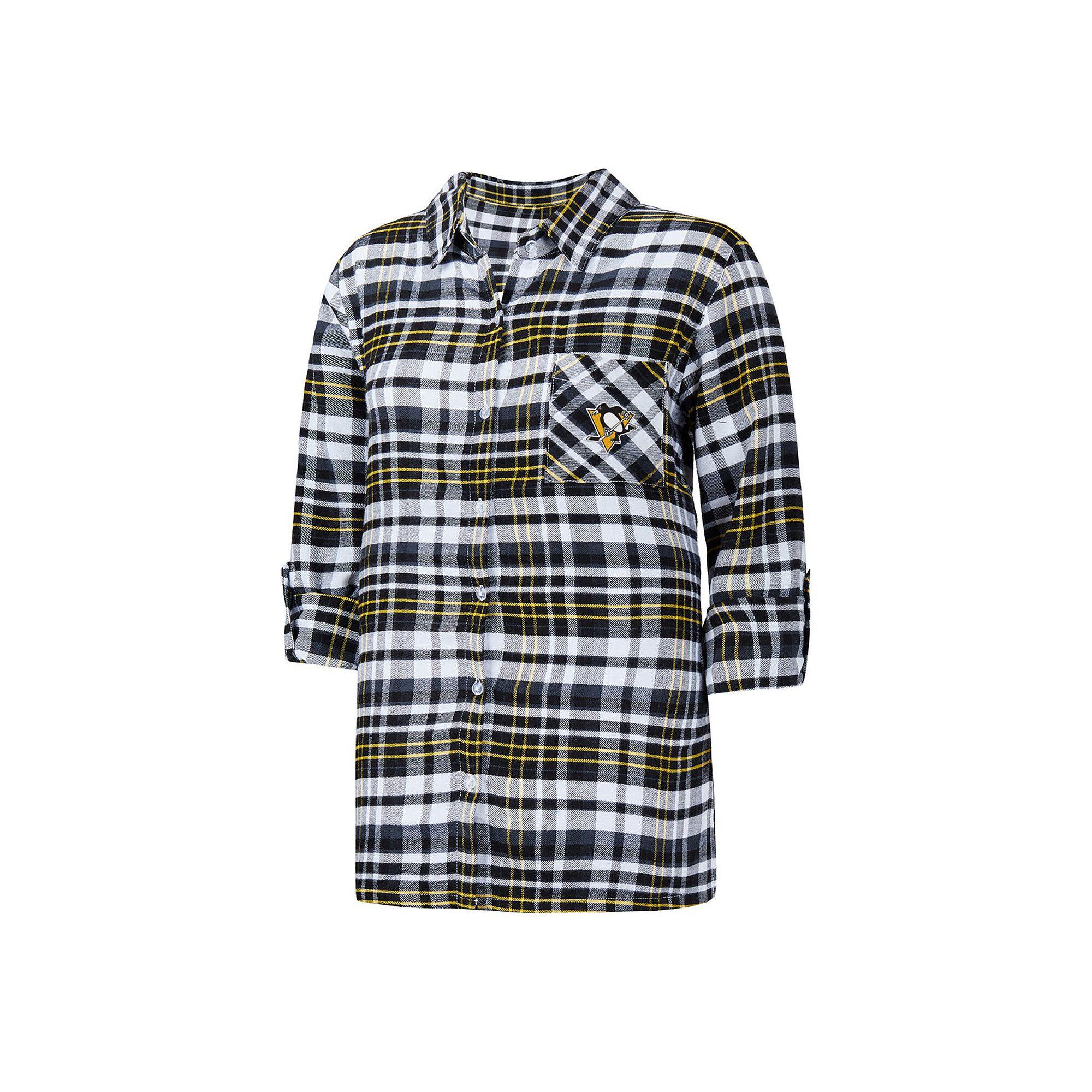Women's Concepts Sport Black Pittsburgh Penguins Mainstay Flannel Full-Button Three-Quarter Sleeve Nightshirt, Size: Large Product Image
