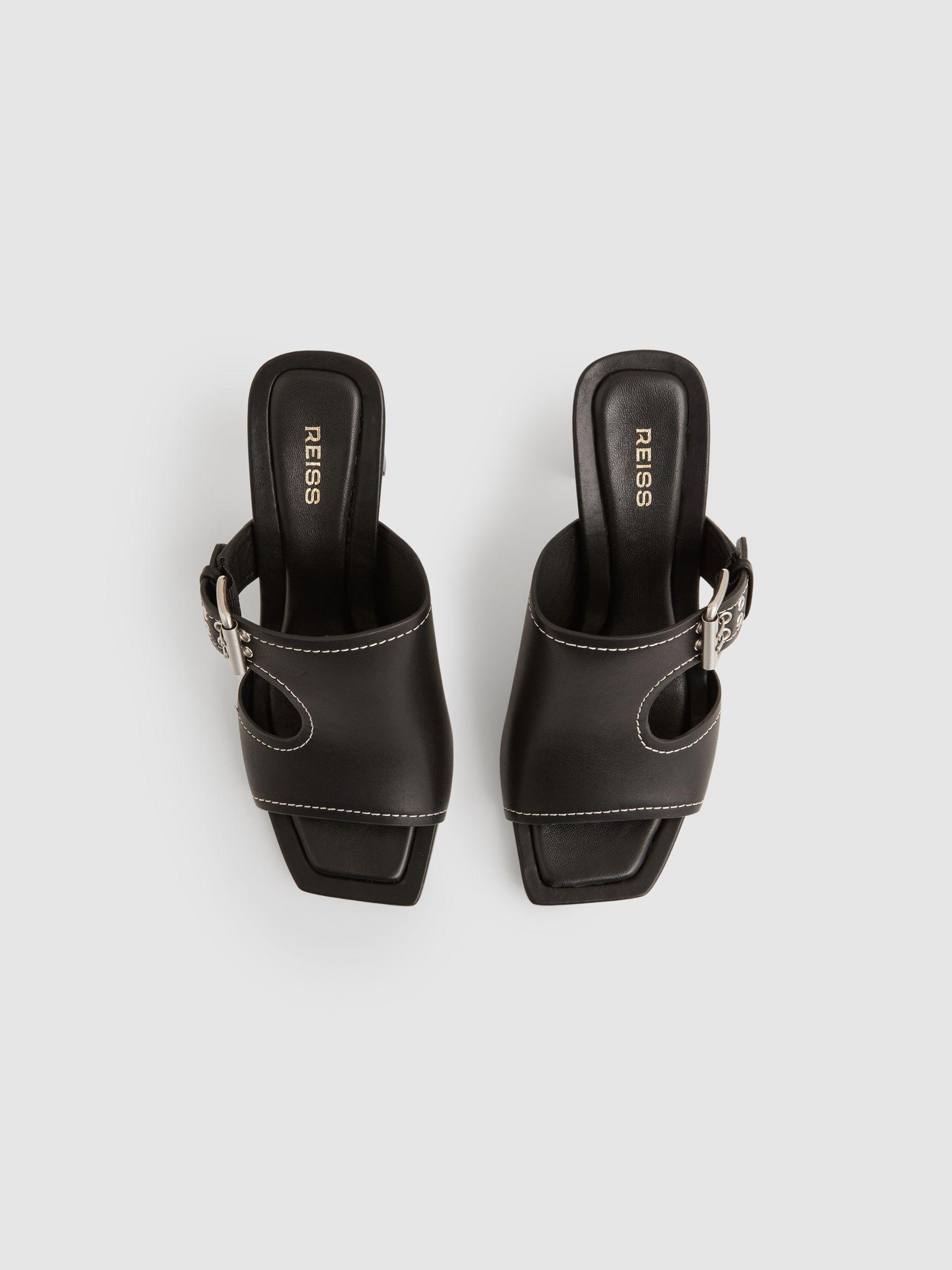 Leather Buckle Block-Heel Sandals in Black Product Image