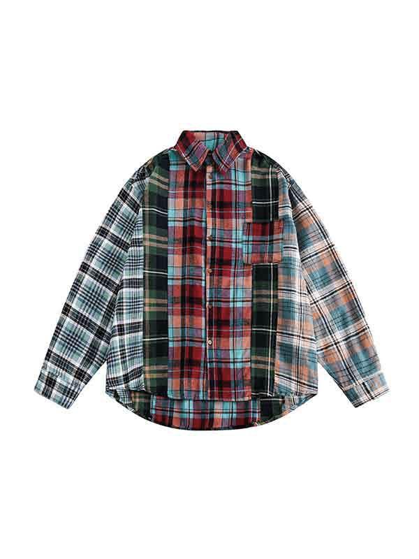 Men's Vintage Plaid Splice Long Sleeve Blouse Product Image