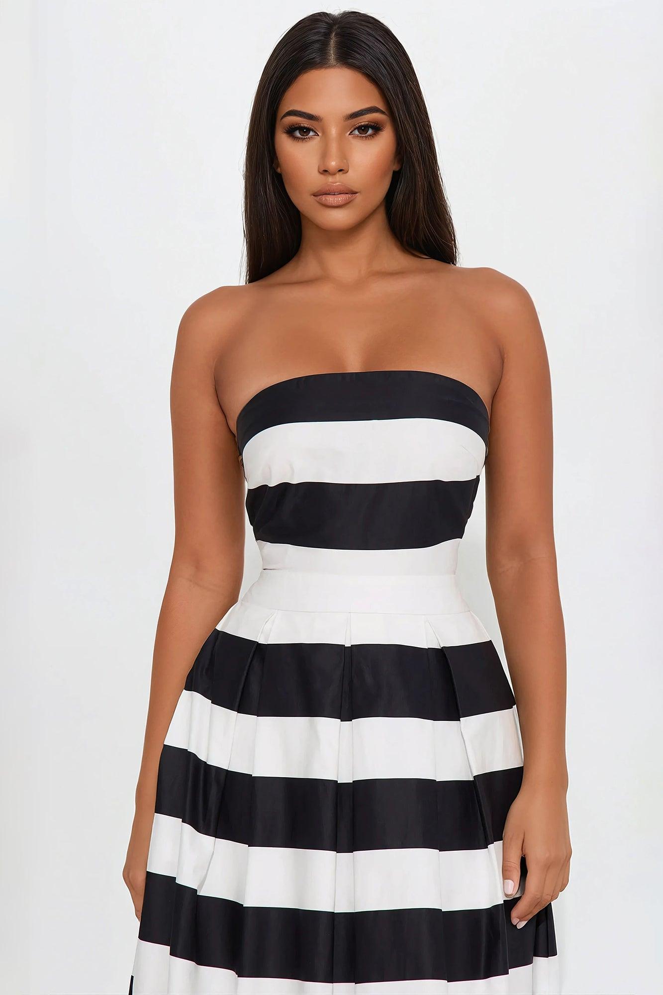 Paula Pleated Striped Midi Dress - Black/White Product Image