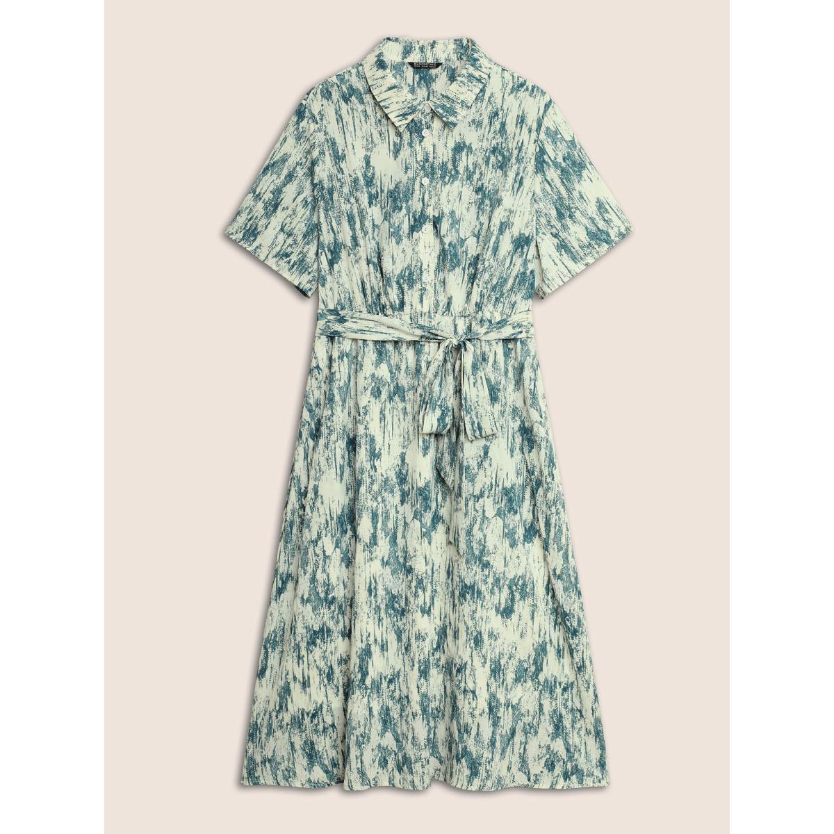 Plus Size Gradient Dyeing Print Shirt Collar Belted Dress Mediumblue Women At the Office Shirt collar Short sleeve Curvy BloomChic 14-16/1X Product Image