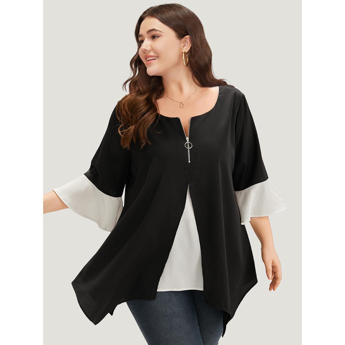Plus Size Scarlet Anti-Wrinkle Contrast Zip Up Flutter Sleeve Hanky Hem Blouse Women Office Half Sleeve Round Neck Office Blouses BloomChic 30/6X Product Image