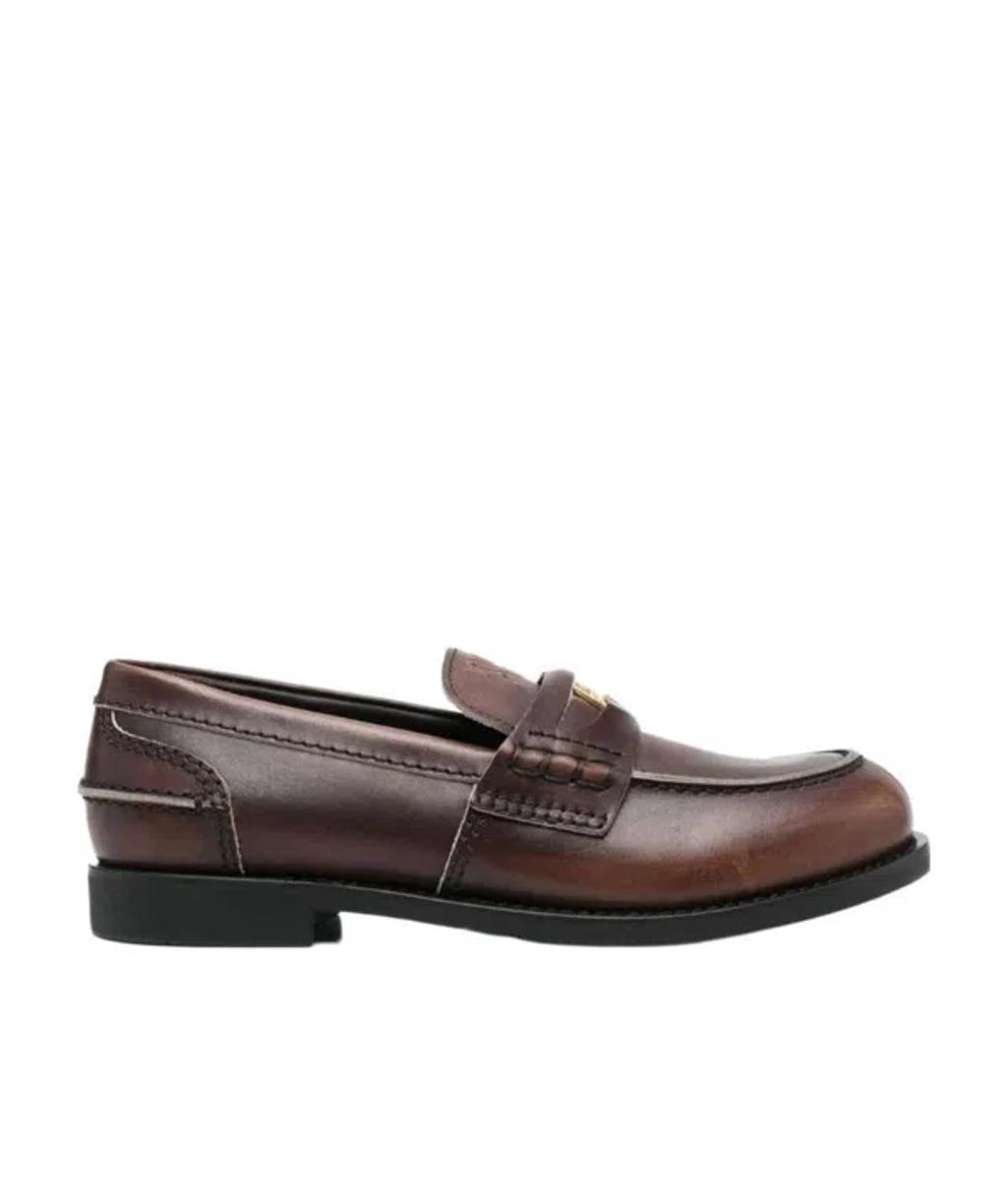 MIU MIU Leather Distressed Penny Loafers In Brown Product Image