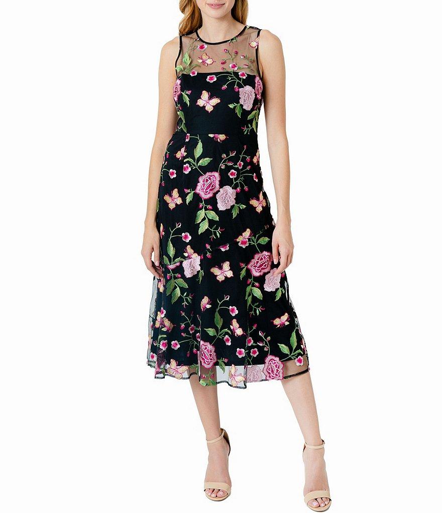 Sam Edelman 3D Floral Butterfly Crew Neck Sleeveless A-Line Midi Dress Product Image