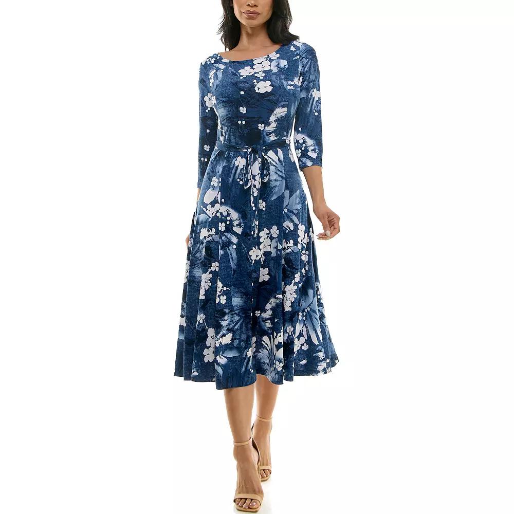 Women's Nina Leonard Belted 3/4 Sleeve Print Midi Dress, Size: Small, Blue Blue Ivory Product Image