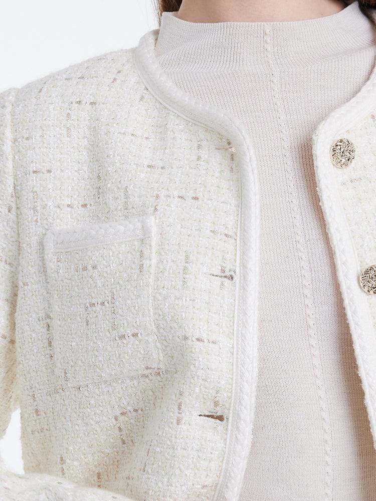 White Knitted Tweed Crop Jacket Product Image