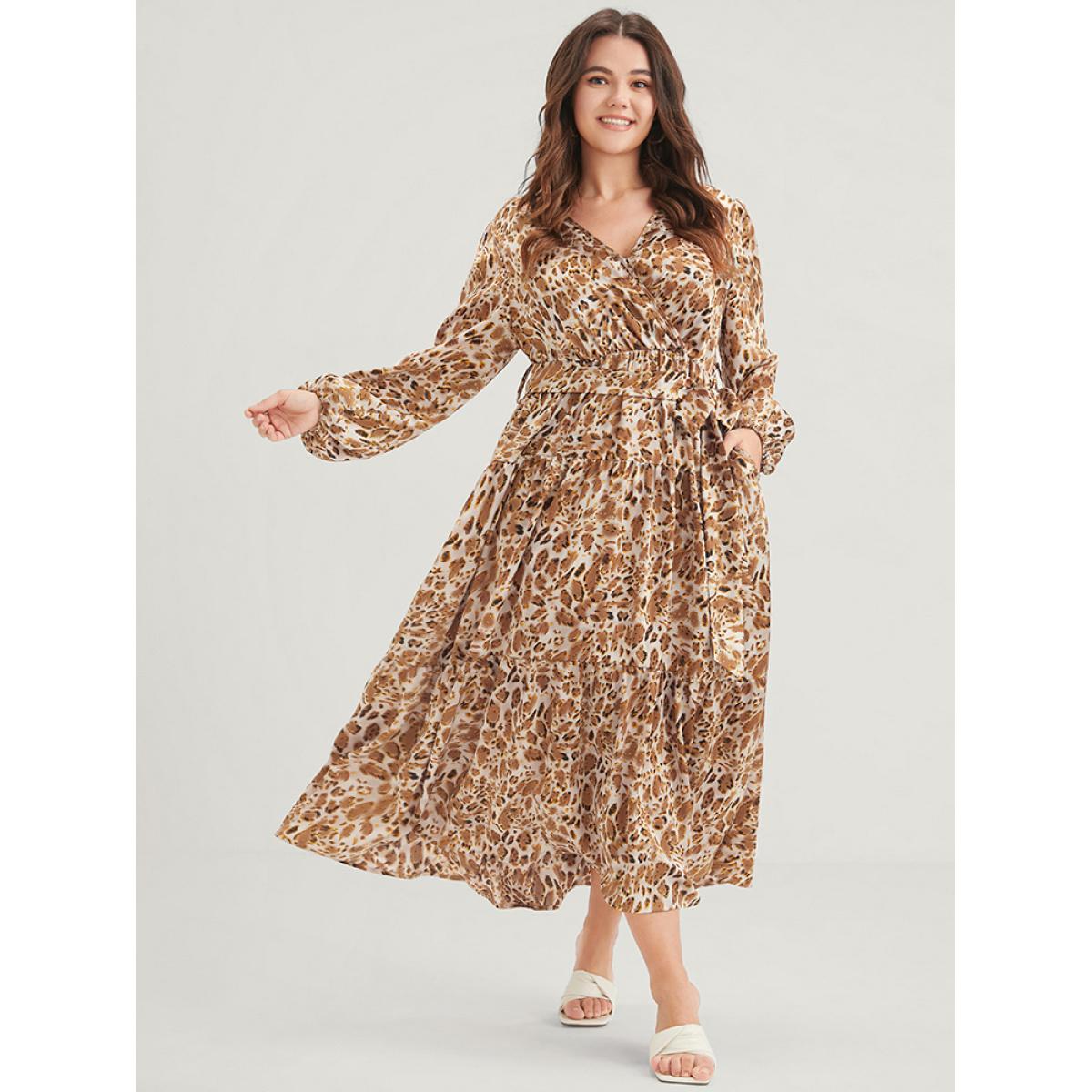 Plus Size Leopard Pocket Surplice Neck Lantern Sleeve Ruffles Belted Maxi Dress Leopard Women Elegant Printed Long Sleeve Curvy Long Dress BloomChic 22-24/3X Product Image