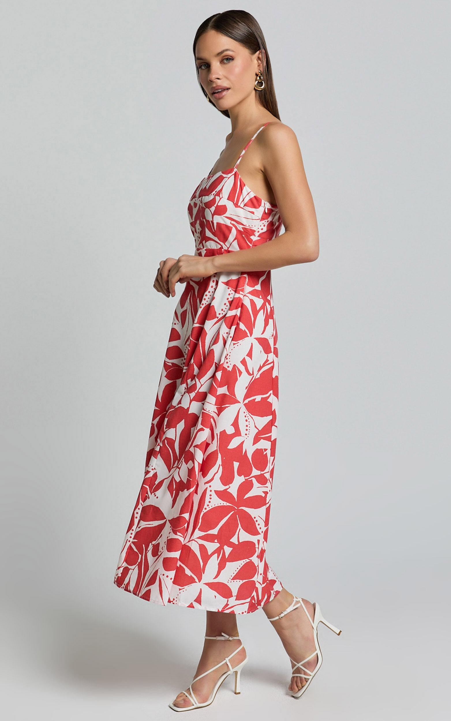 Nylia Midi Dress - Strappy Fit and Flare Dress in Red Floral Product Image