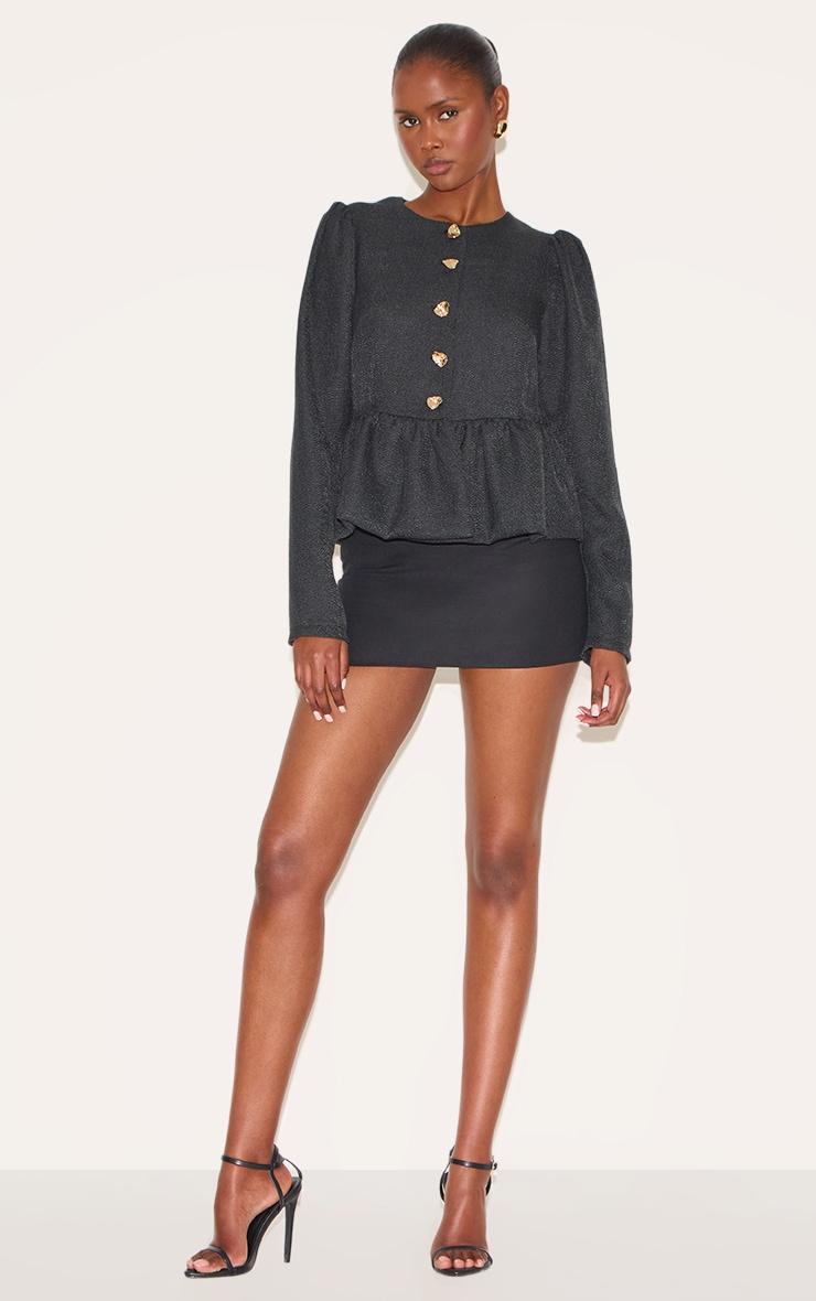 Black Button Up Peplum Balloon Sleeve Jacket Product Image
