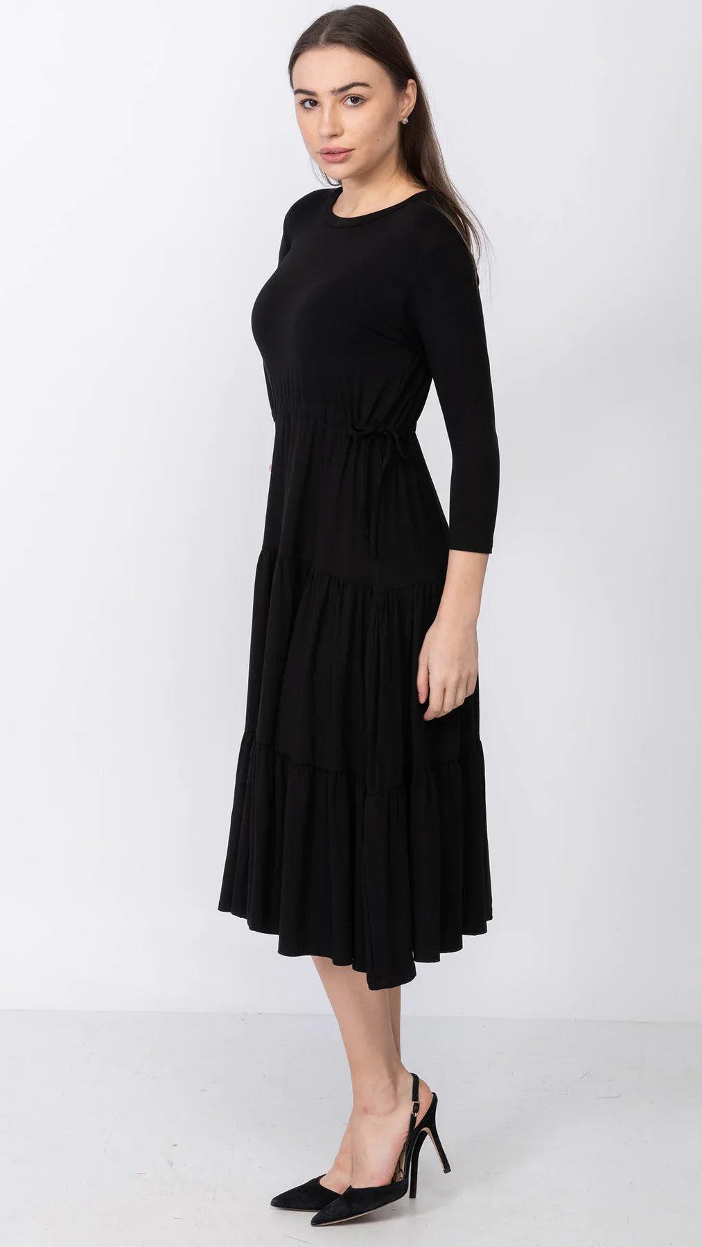Tiered Drawstring Dress - Black Product Image