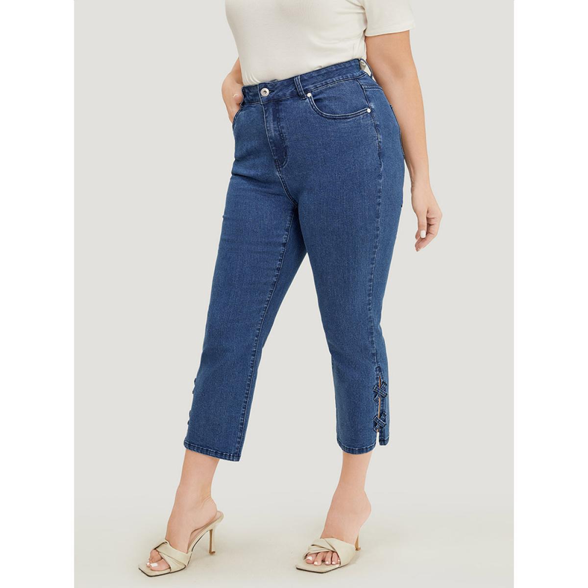 Plus Size Very Stretchy Medium Wash Patched Detail Cut Out Jeans Women Blue Casual Plain Cut-Out High stretch Pocket Jeans BloomChic 12/L Product Image