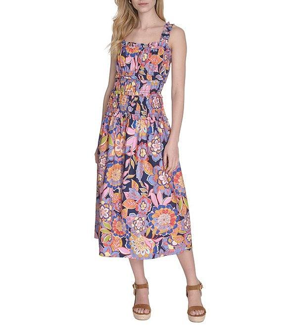 Eliza J Square Neck Sleeveless Smocked Abstract Floral Cotton Poplin Midi Sundress Product Image