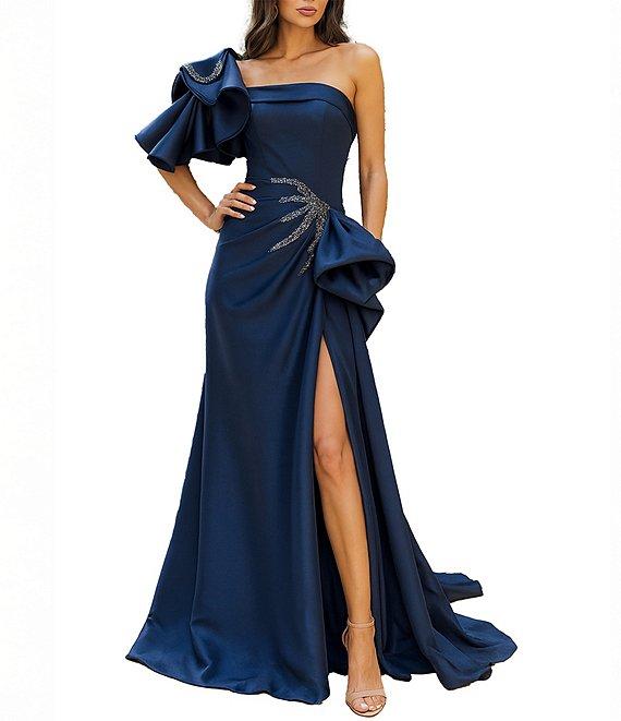 Terani Couture Mikado One Shoulder Ruffle Sleeve Sequin Applique Gathered Side Slit Gown Product Image
