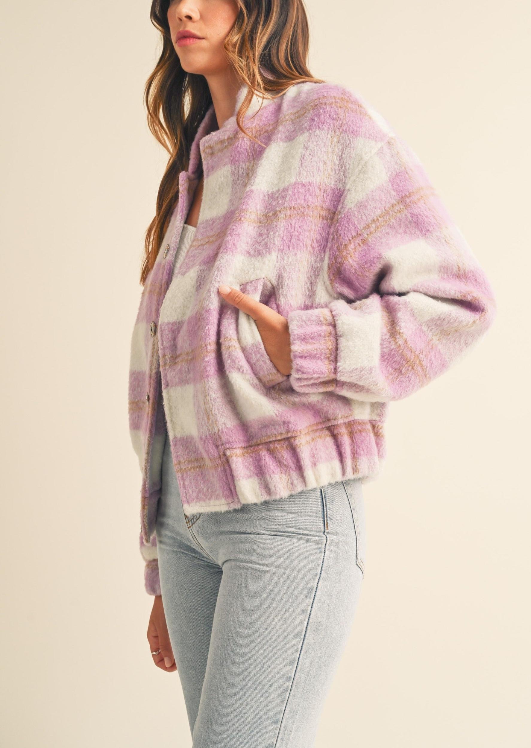 Fuzzy Plaid Bomber Jacket Product Image